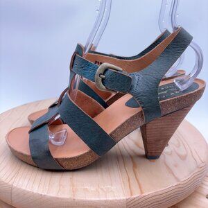 Kork Ease Sandals Womens Size 10.5 Leather Kork Wood Stack Heel Shoe Green Blue